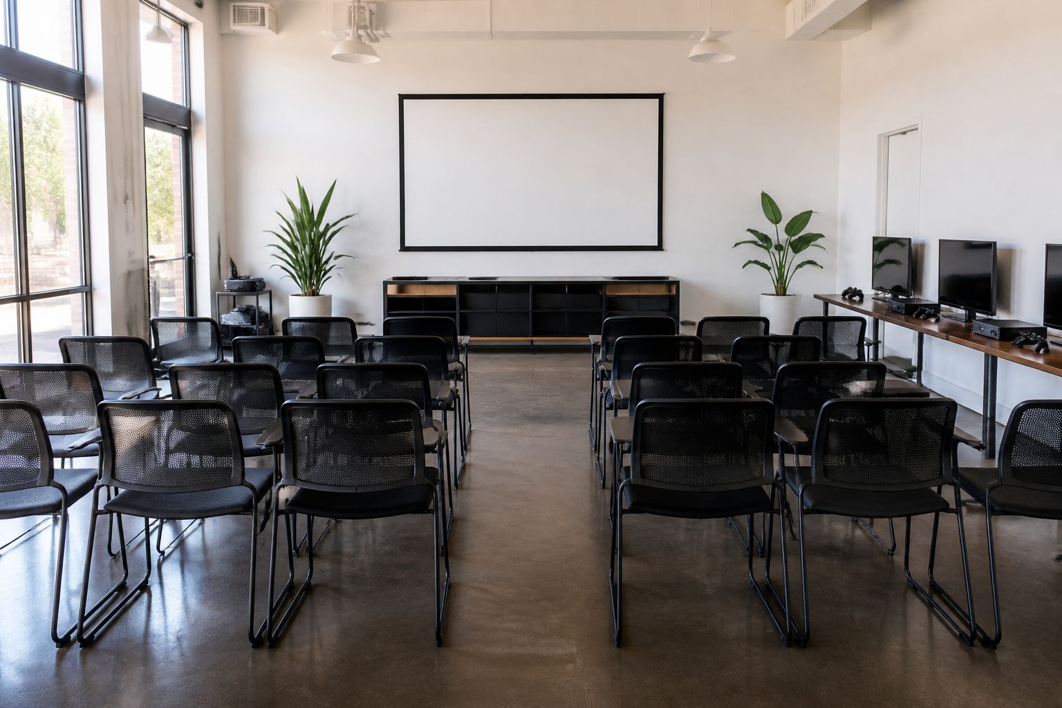 Bright community room set up for a gaming meetup with simple chairs in neat rows facing a blank screen