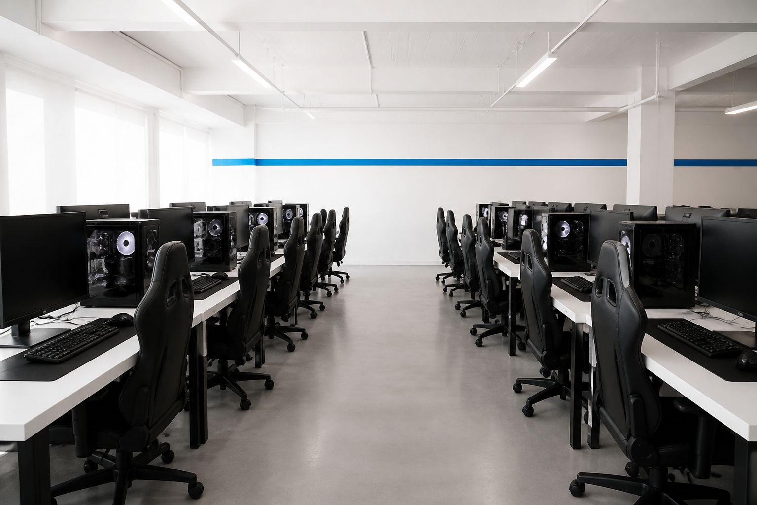 Bright minimalist PC gaming club with an orderly grid of identical high-performance computers and a single blue accent line