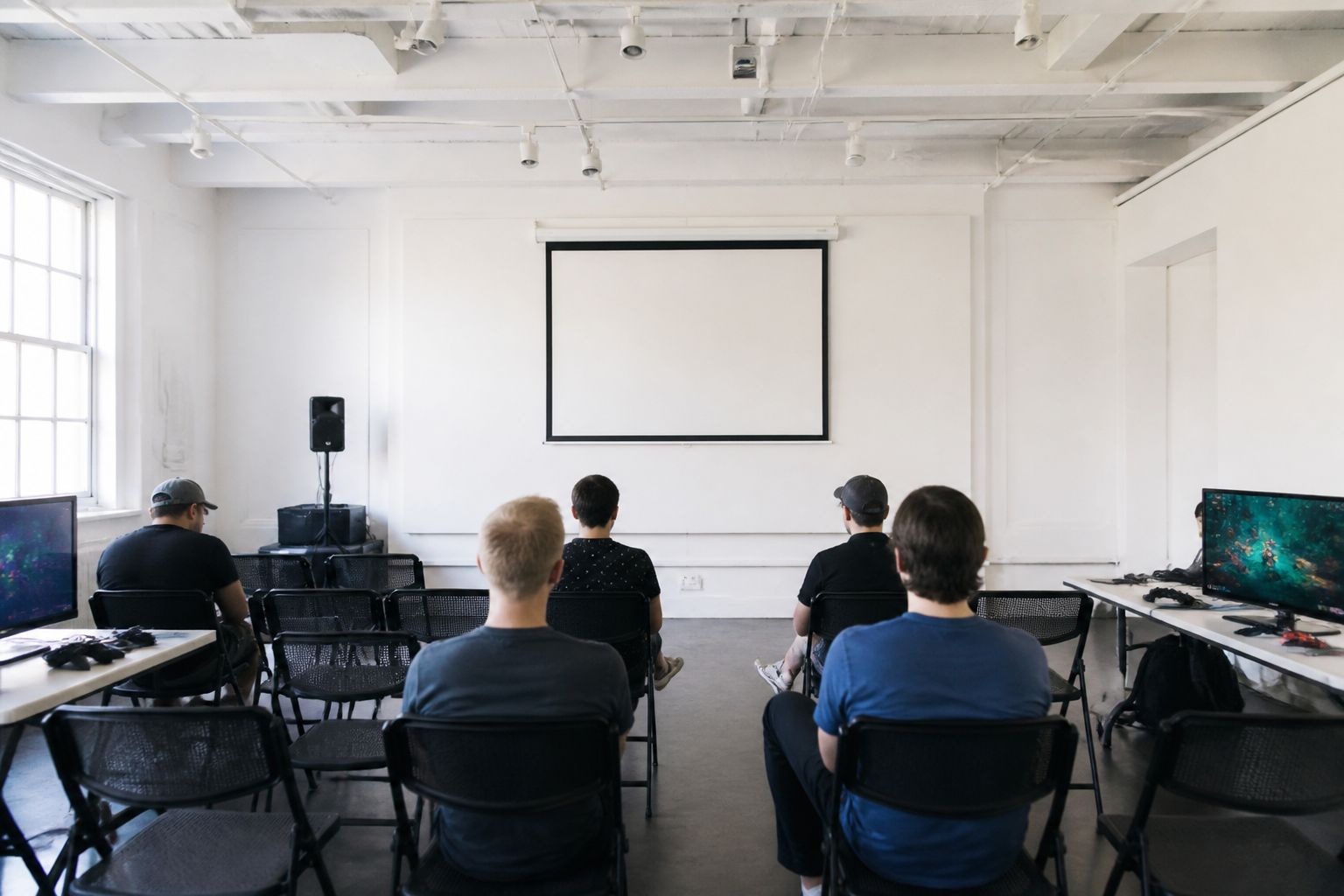 Bright community room set up for a gaming meetup with simple chairs in rows facing a blank screen